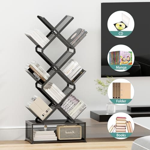9-Tier Metal Bookshelf with Storage, Stylish Folding Bookcase for Living Room and Home Office