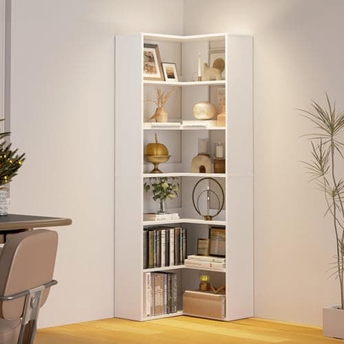 Oneinmil White Large Corner Bookshelf 6 Tiers with Baffles Storage Display Rack