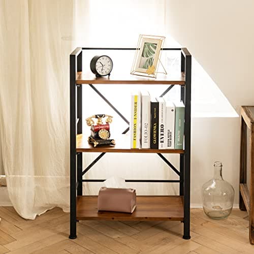 Crofy Rustic 3 Tier Wood Bookshelf, Black Storage Case