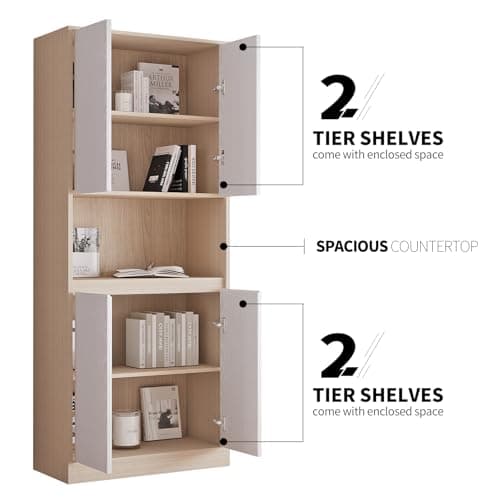 VOWNER 5-Tier Modern Bookcase with 3 Drawers & Glass Display Shelf