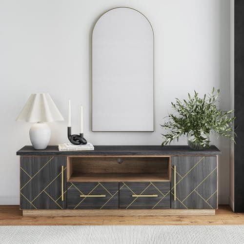 BELLEZE 70 Inch Modern TV Stand with Gold Trim & Storage for Living Room & Home Theater