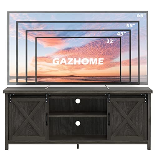 GAZHOME Dark Grey Rustic Modern Farmhouse TV Stand with Sliding Doors Storage
