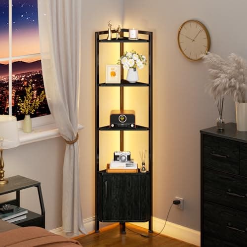 Furnulem Black Oak 5-Tier Corner Cabinet with LED Light and Storage (62.8")