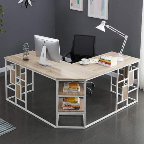 L-Shaped Corner Desk for Home Office - Metal Computer Table