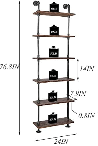 Rustic 6 Tier Wall Ladder Bookshelf for Living Room, Kitchen, Office