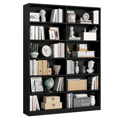 Double Wide 6-Tier Bookshelf, Tall Home Decor Bookcase, Black