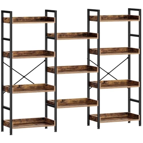 Rolanstar Industrial Wide Bookshelf with Metal Frame, Rustic Brown, 4 Tiers + 4 Hooks