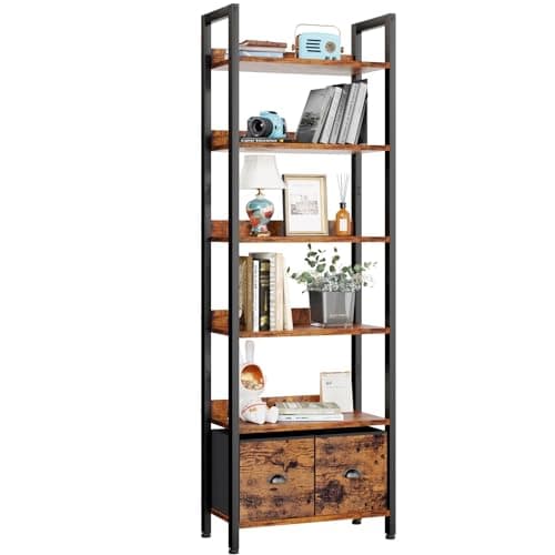 Furologee 6-Tier Rustic Brown Bookshelf with Drawers for Home Office
