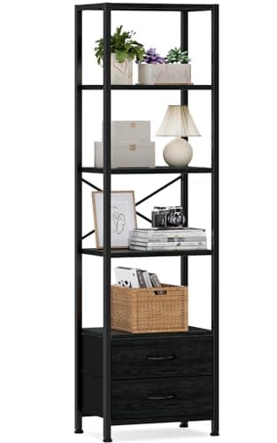 Furnulem 4-Tier Corner Bookshelf with Drawers, 57.28” Tall, Standing Shelf Organizer