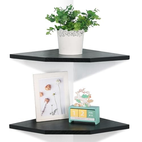 Rustic Wood Corner Wall Shelves Set, Carbonized Diamond 10 Inch Cable Ready