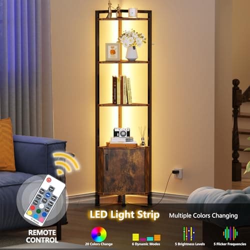 Narrow 5-Tier LED Corner Shelf with Storage for Bedroom, Living Room, Kitchen - Rustic Brown Wood Display Shelf