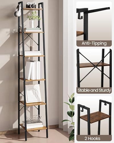 Rustic Brown 6-Tier Ladder Shelf, Bookcase for Home Office & Living Room BC13301B