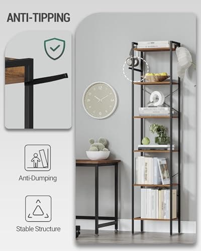 Rustic Brown 6-Tier Bookcase with Hooks for Home Storage BC10701B
