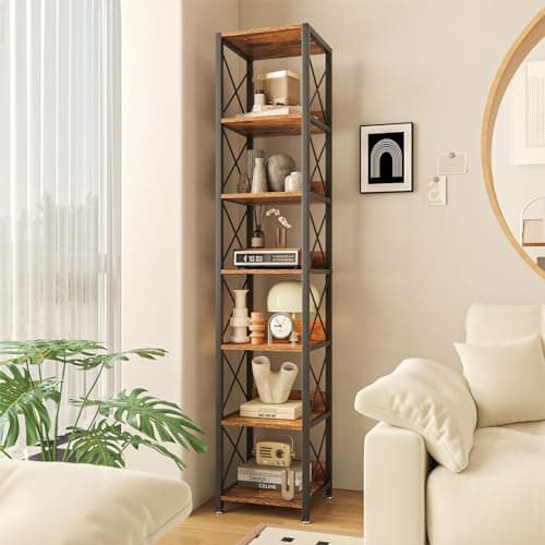 IBUYKE 6-Tier Tall Narrow Bookcase, Rustic Brown for Small Spaces
