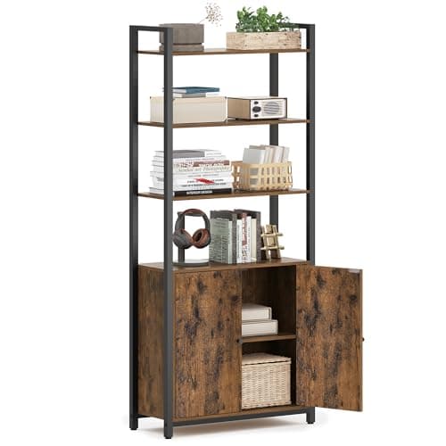VASAGLE 6-Tier Tall Bookcase with Door, Rustic Brown & Ink Black