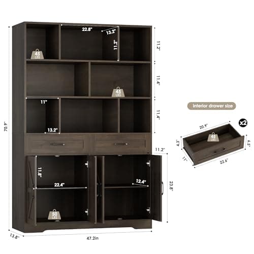 HOSTACK 71" Tall Dark Brown Bookcase with Drawer and Door