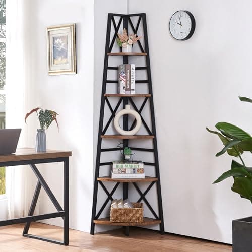 72 Inch Industrial Rustic Brown Corner Shelf Stand for Home and Office