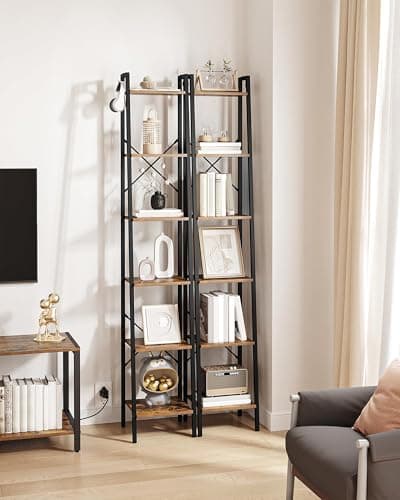 Rustic Brown 6-Tier Ladder Shelf, Bookcase for Home Office & Living Room BC13301B
