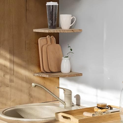 Rustic Wood Corner Wall Shelves Set, Carbonized Diamond 10 Inch Cable Ready