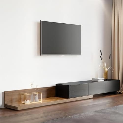 Homary White & Walnut Extendable TV Stand with Shelves & Drawers