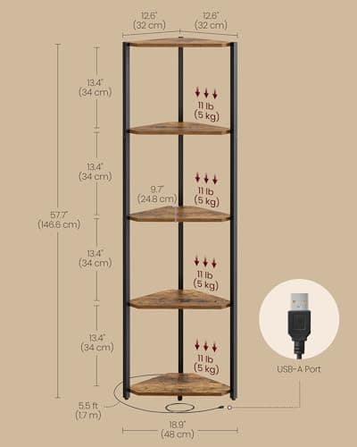 VASAGLE 5-Tier Corner Shelf Stand with LED Lights, Rustic Brown, for Living Room, Bedroom, and Study