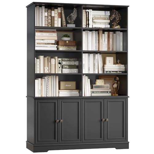 Finetones 73" Tall Black Bookshelf with Doors, 6-Tier Storage Large Bookcase