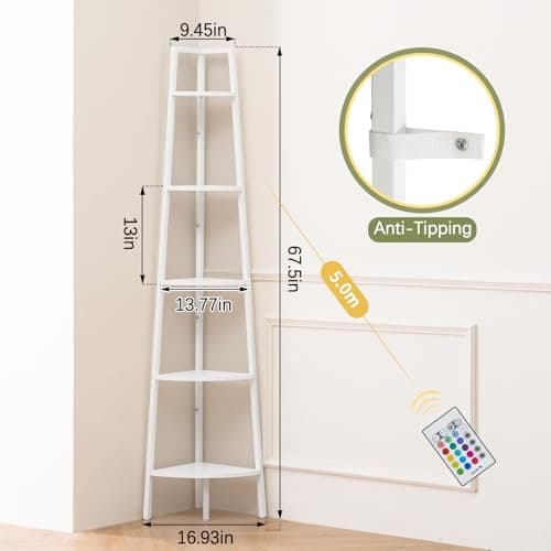 5-Tier Corner Shelf Stand with LED Light for Bedroom and Office