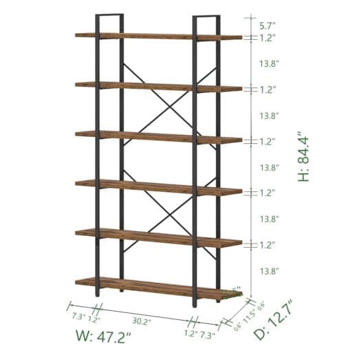 HSH Industrial Modern 6 Shelf Tall Bookcase, Rustic Brown for Living Room & Office