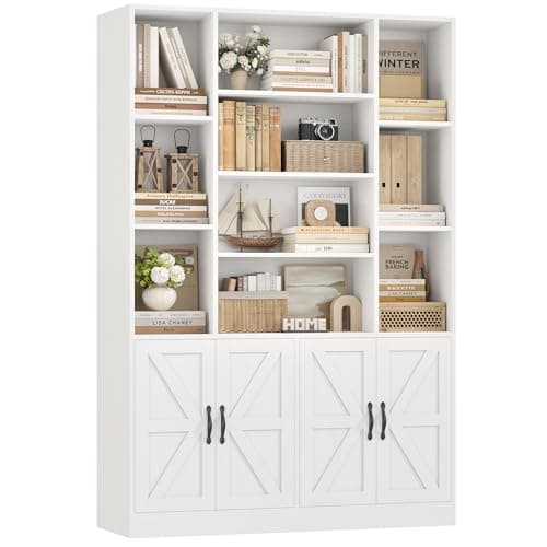 75" Tall BOOKSHELF with Storage, 47" Wide, 4 Doors, Dark Brown, Modern Farmhouse