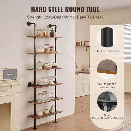 VEVOR Black Rustic Wood 6 Tier Wall-Mounted Float Shelf Kitchen Bedroom Storage