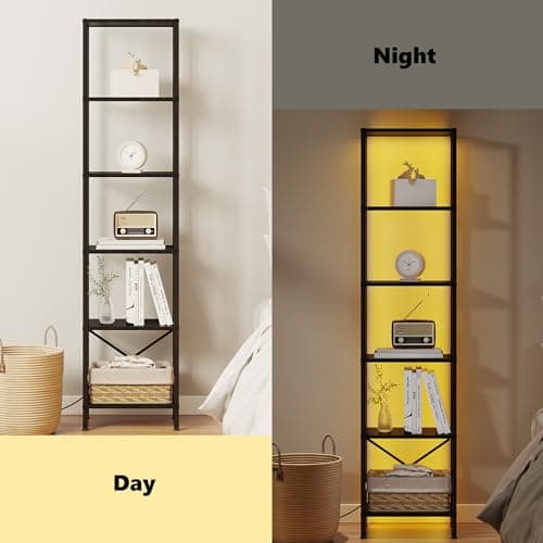 6-Tier Tall Narrow Bookshelf with LED Lights, Black Steel Frame
