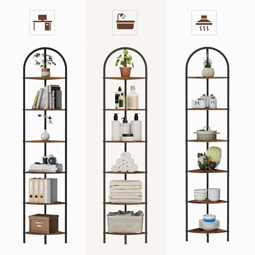 Homedy 6-Tier Arched Corner Shelf Stand, Industrial Brown & Black꽂'icon