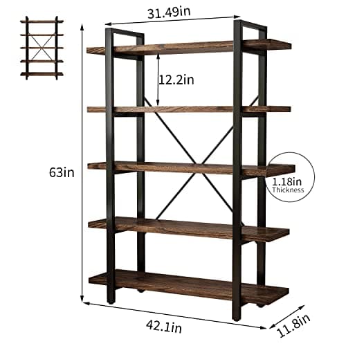 5-Tier Modern Rustic Industrial Bookshelf, Distressed Brown (AY-02)