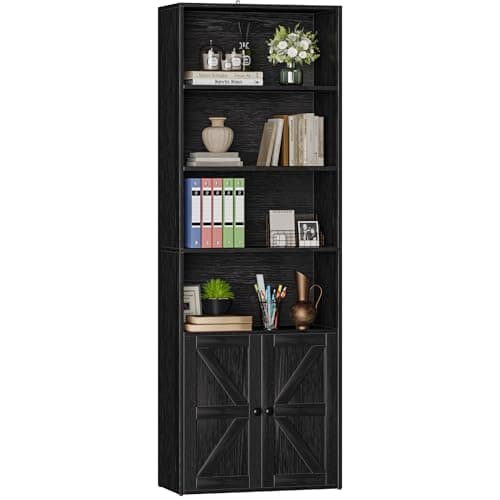 Furniwell Black Industrial Bookshelf with Doors for Home Office and Bedroom
