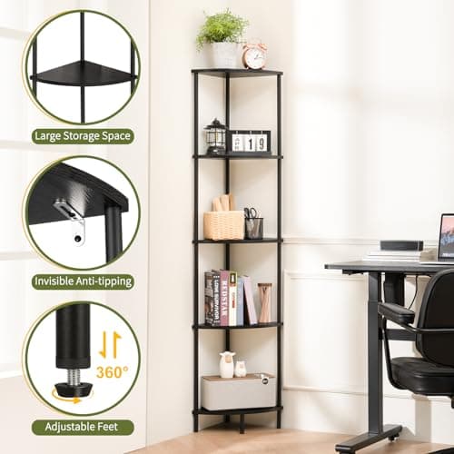 Yoobure 5-Tier Tall Black Corner Bookshelf for Living Room, Bedroom, Office