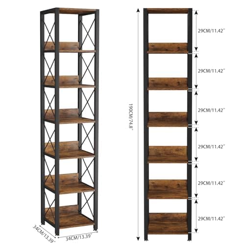 IBUYKE 6-Tier Tall Narrow Bookcase, Rustic Brown for Small Spaces