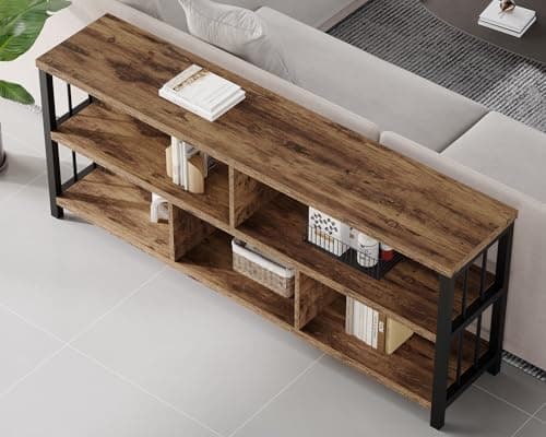 IBF Farmhouse 63" Long Wood Metal Bookshelf with 5 Cube Storage for Home Office and Living Room, Rustic Brown
