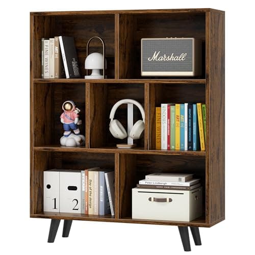 Vongrasig 7 Cube Bookshelf, Mid-Century Modern Wooden Storage Organizer
