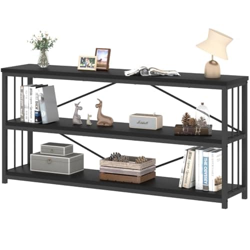 Rustic 3 Tier Bookshelf, Industrial Horizontal Wood Bookcase, Vintage Metal Etagere for Home Office Bedroom Living Room