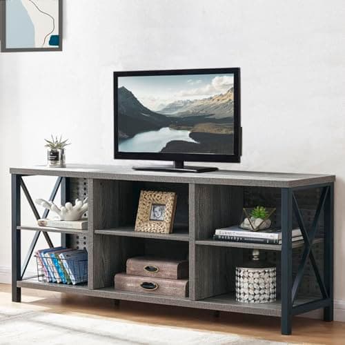 Rustic Entertainment Center for 65 Inch TV, Industrial Wood TV Stand with Media Cabinet Storage, Farmhouse Metal Television Stand, Light Grey Oak, 55 Inch