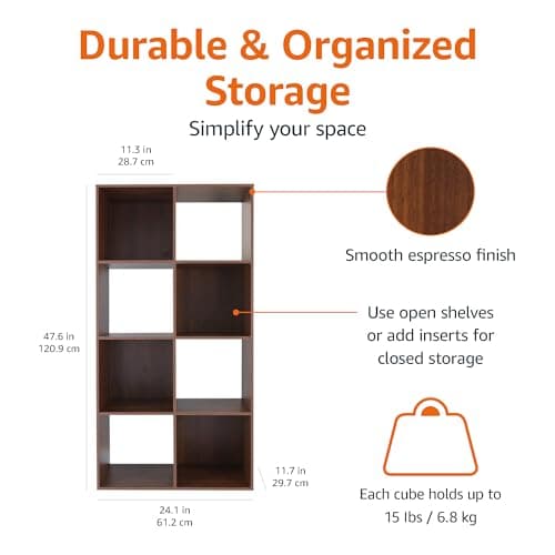 Amazon Basics Storage Cube Shelf Organizer, 8 Cubes, Espresso