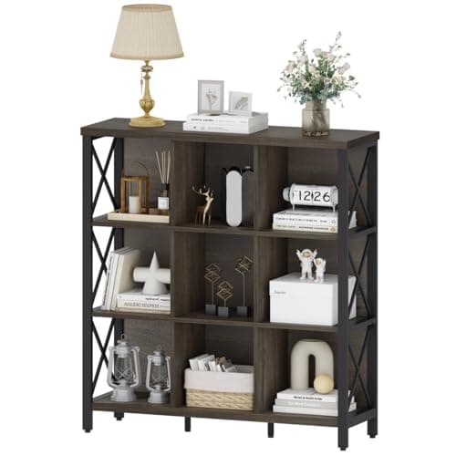 FATORRI 9 Cube Storage Bookshelf, Walnut Brown, Modern 4-Shelf Home Office