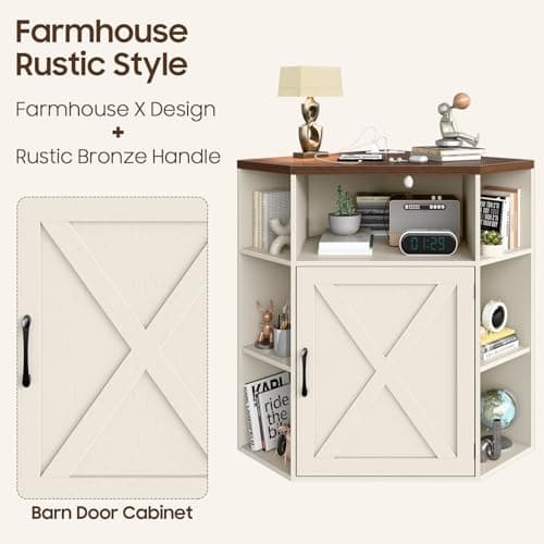Industrial Corner Cabinet with USB Ports Off White 6-Cubby Bookshelf
