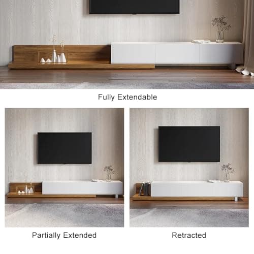 Homary White & Walnut Extendable TV Stand with Shelves & Drawers
