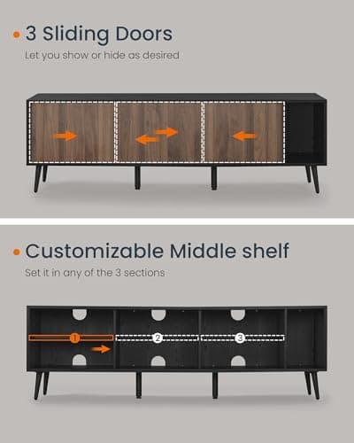 SONGMICS ULTV533B01 TV Stand, 72 Inch Max, Toolless Assembly, Storage Cabinet, Natural Walnut/Ebony Black