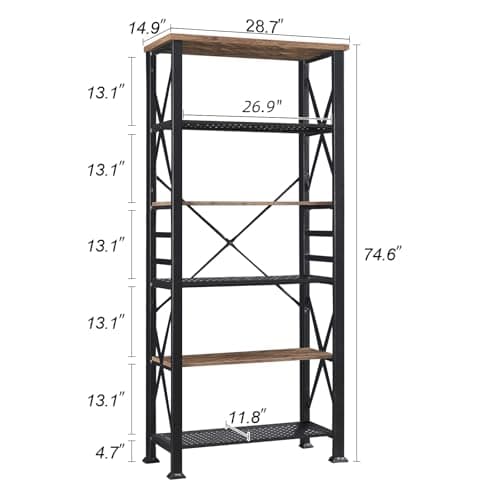 HOMBAZAAR 74" Tall Industrial Metal Bookshelf, 6 Tier, Rustic Brown for Office & Living Room