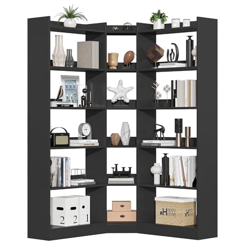 Industrial Black 6-Tier L-Shaped Corner Bookshelf with Baffle_storage Rack