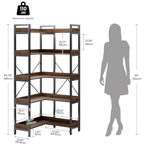 Modern 5-Tier Rustic Brown L-Shaped Bookshelf for Living Room/Office/Bedroom
