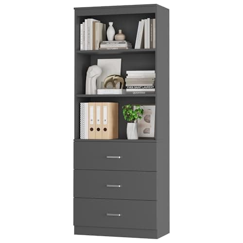 Fotosok 71" Tall Dark Grey Bookshelf with Drawers & 3-Tier Shelves for Home Office
