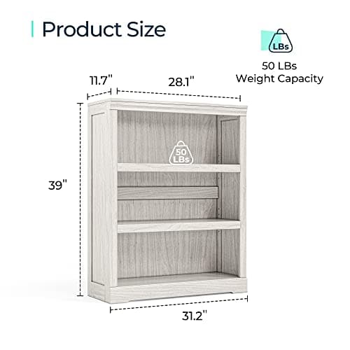 LINSY HOME White Oak 3-Tier Bookcase for Home Office, Living Room, and Bedroom